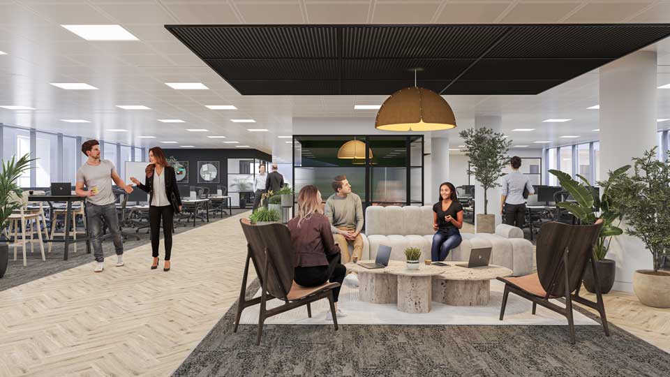 Interior CG showing people socialising.