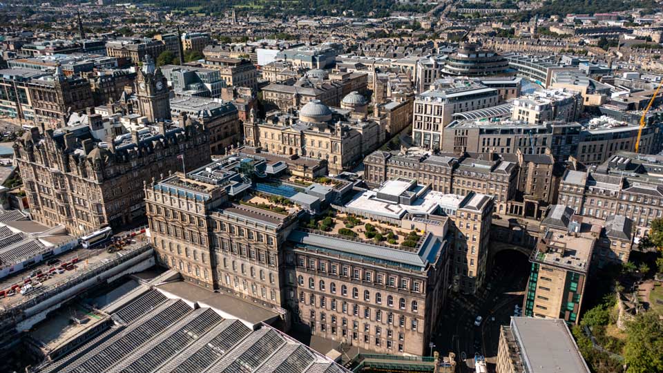 Aerial view of Waverley Gate's position in Edinburgh.