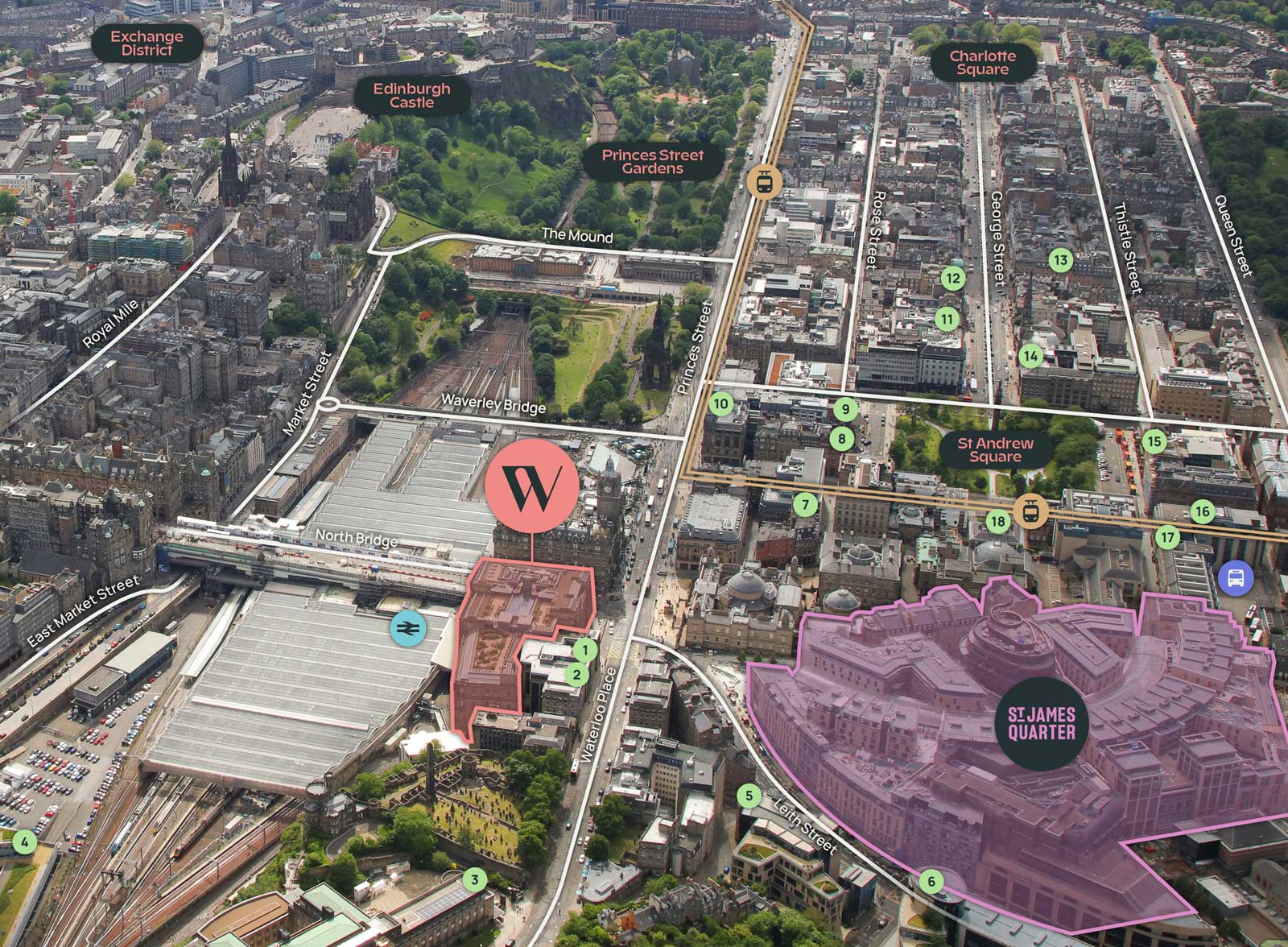 Aerial view of Edinburgh city area with graphical overlay noting local occupiers.